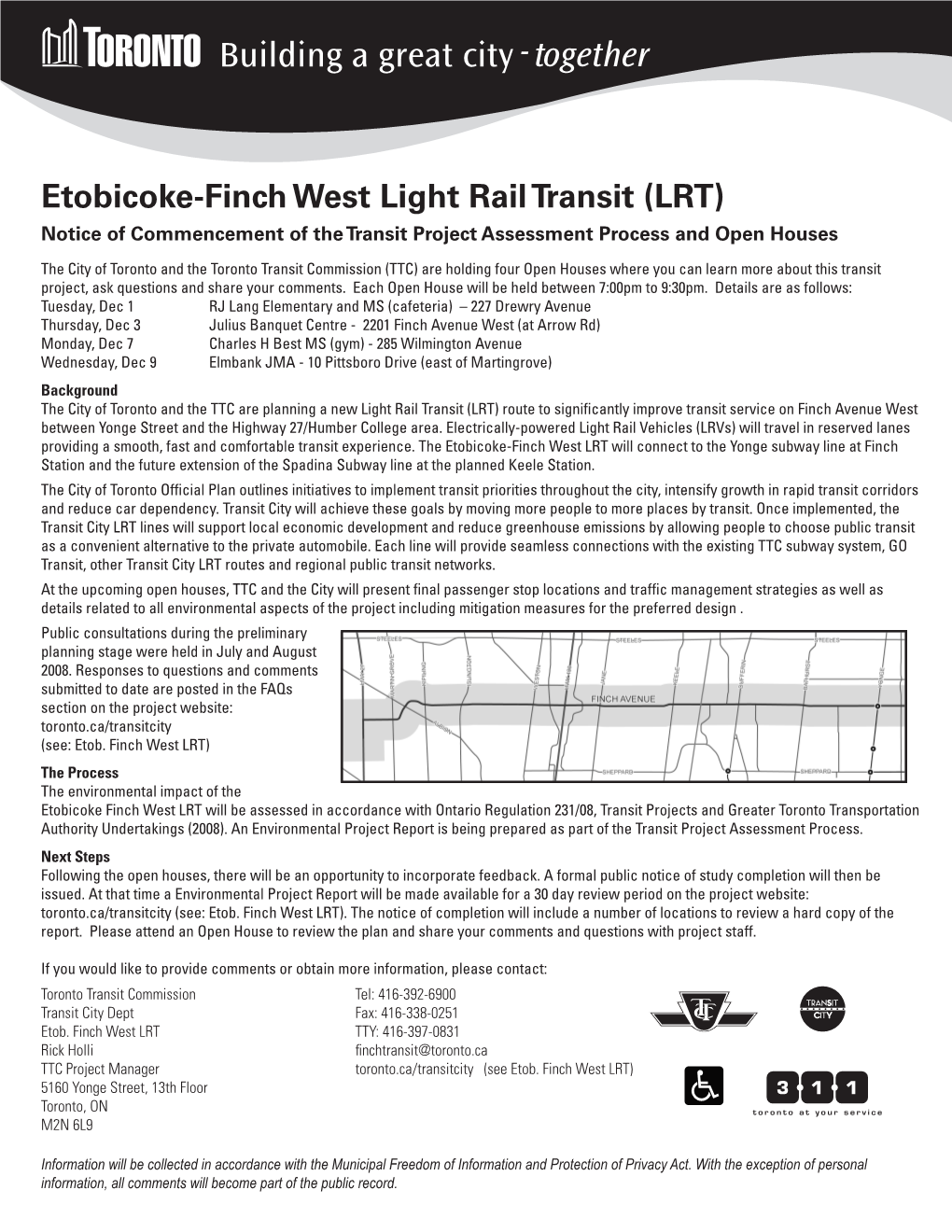 Etobicoke-Finch West Light Rail Transit (LRT) Notice of Commencement of the Transit Project Assessment Process and Open Houses