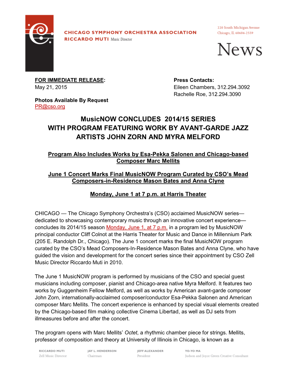 Musicnow CONCLUDES 2014/15 SERIES with PROGRAM FEATURING WORK by AVANT-GARDE JAZZ ARTISTS JOHN ZORN and MYRA MELFORD