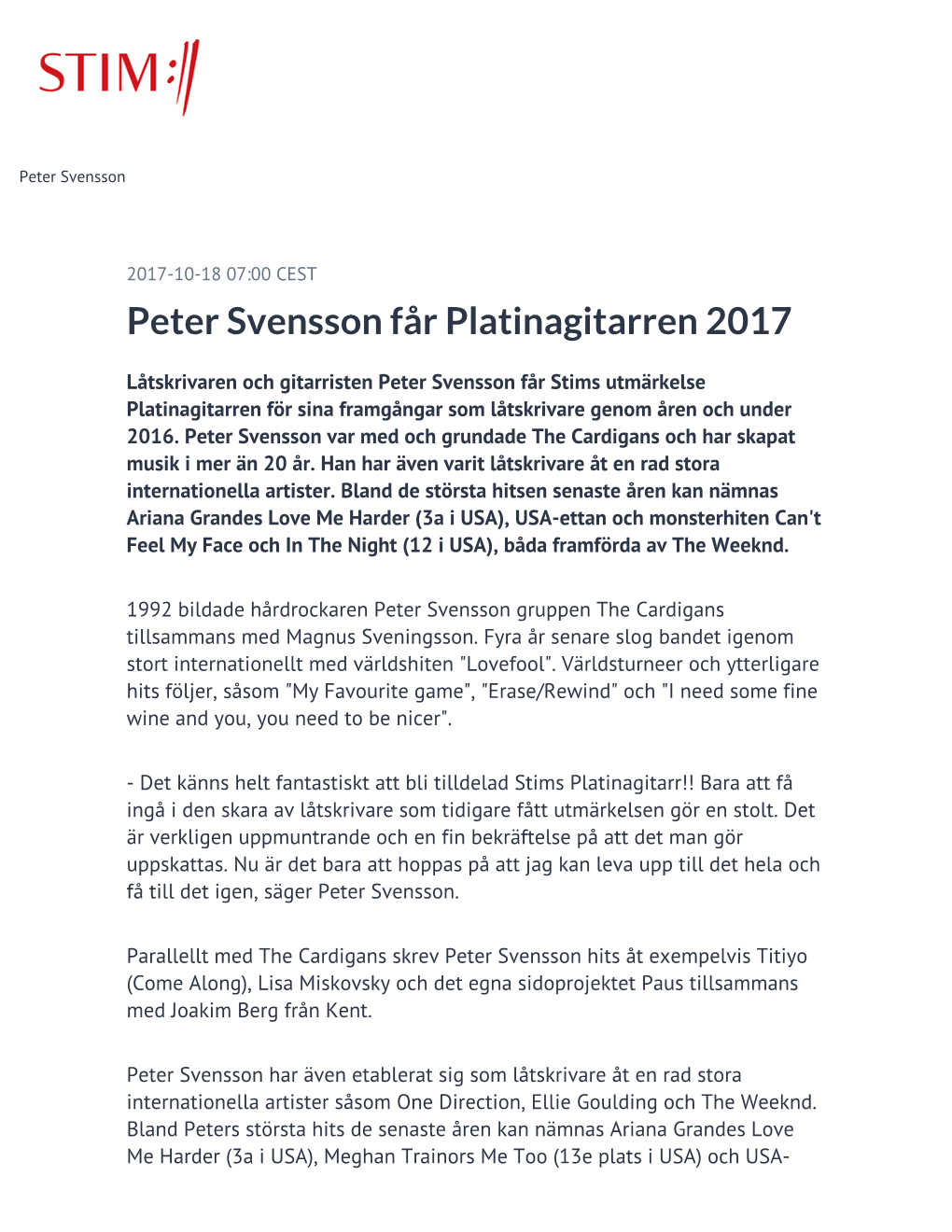 Peter Svensson Får Platinagitarren 2017