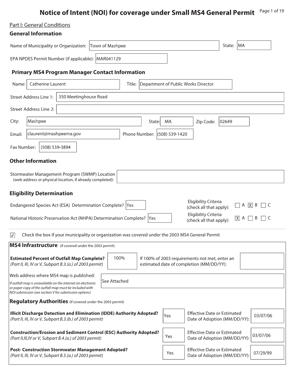 (NOI) for Coverage Under Small MS4 General Permit for Mashpee, MA