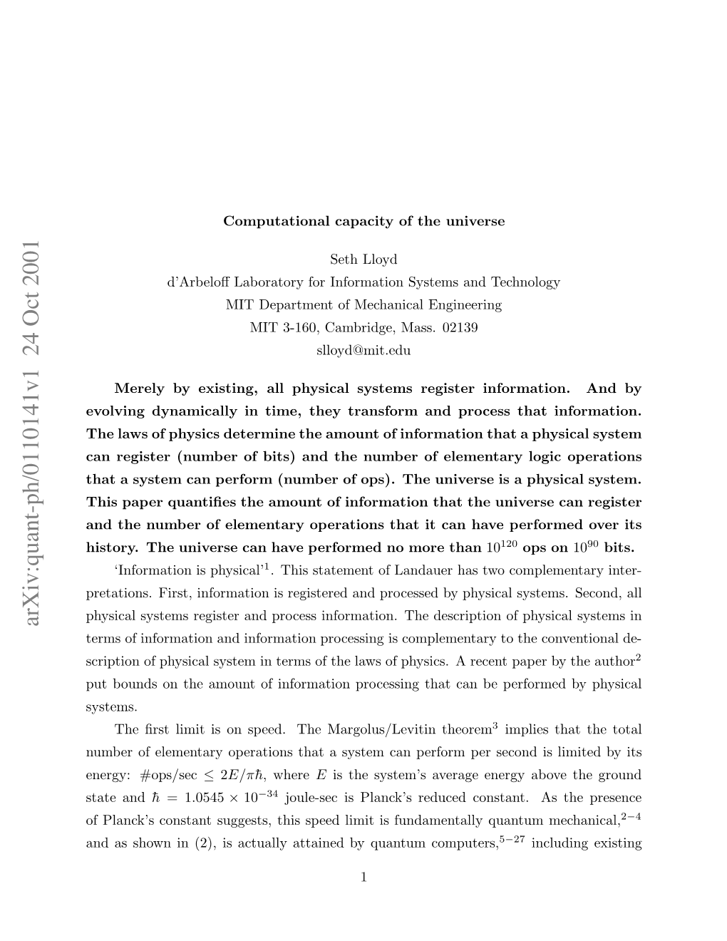 Arxiv:Quant-Ph/0110141V1 24 Oct 2001 Itr.Teuies a Aepromdn Oethan More Perf No Have Performed Can Have It Can Universe That the Operations History