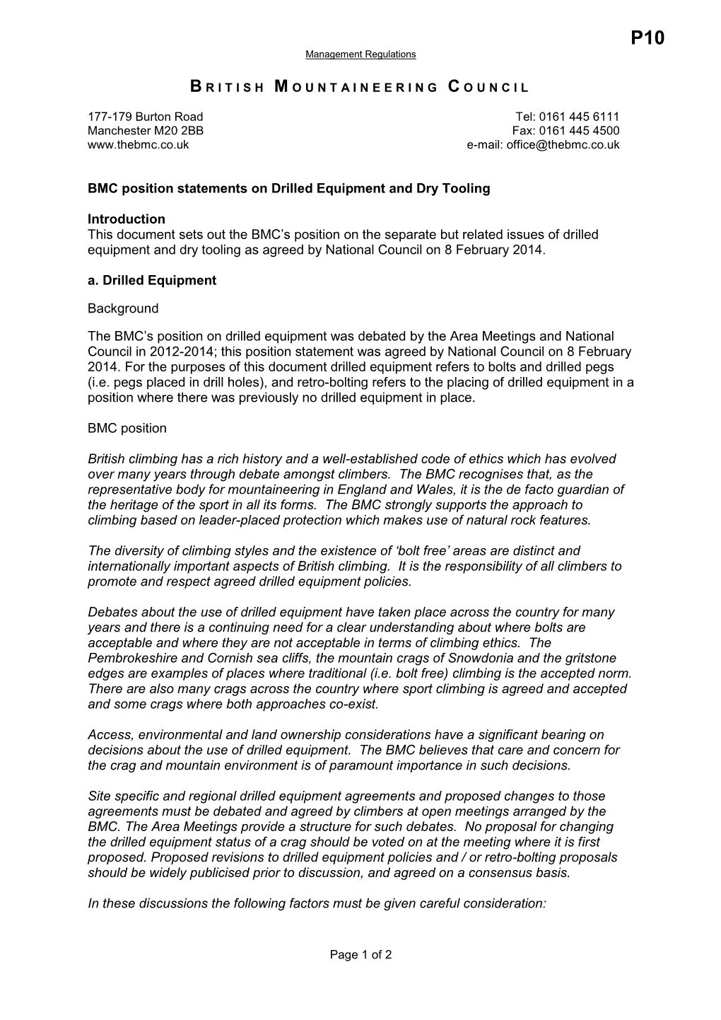 BMC Position Statement on Drilled Equipment and Dry Tooling