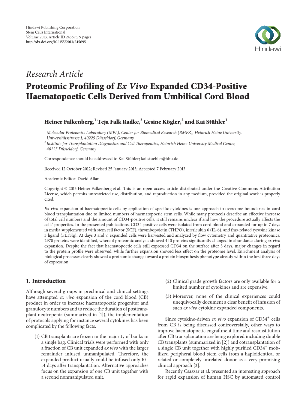 Proteomic Profiling of Ex Vivo Expanded CD34-Positive Haematopoetic Cells Derived from Umbilical Cord Blood