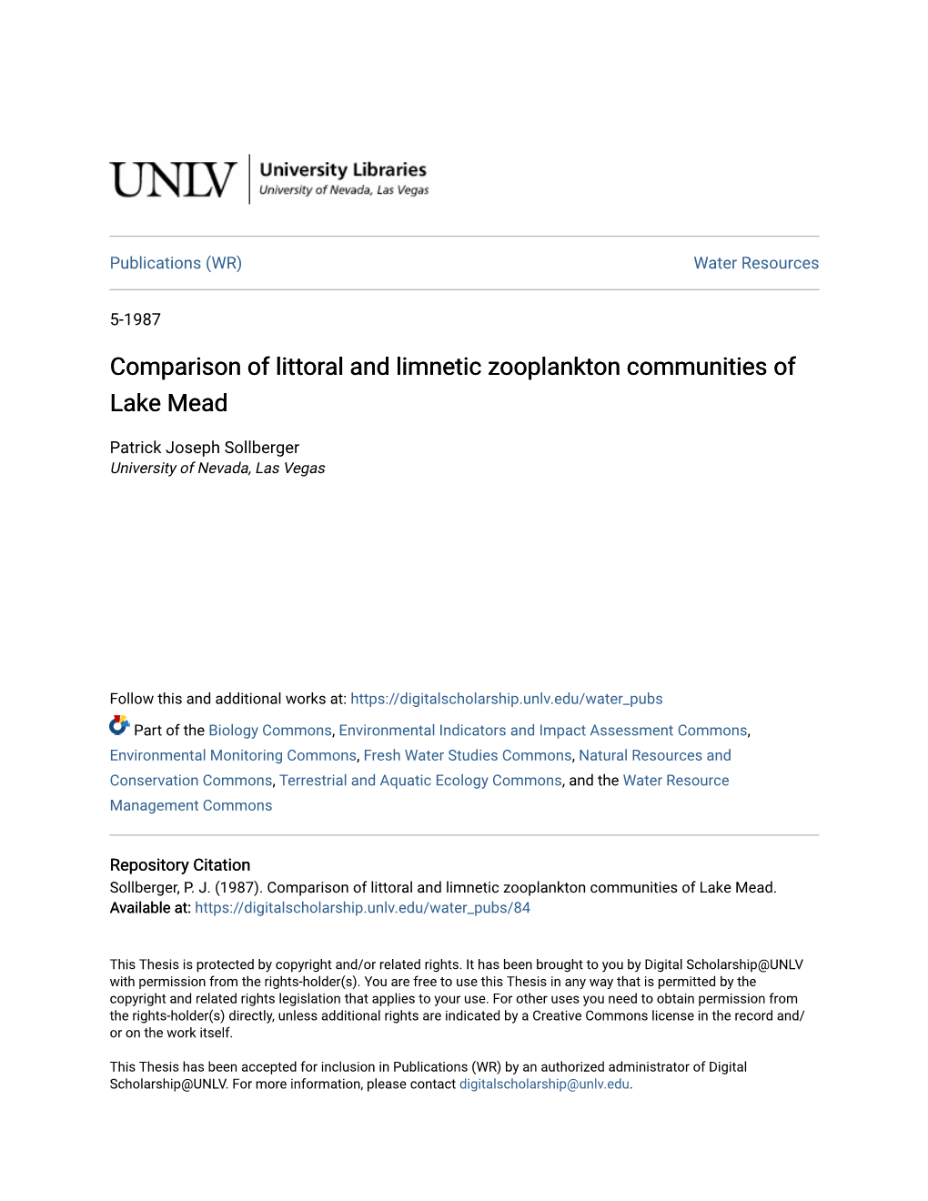 Comparison of Littoral and Limnetic Zooplankton Communities of Lake Mead