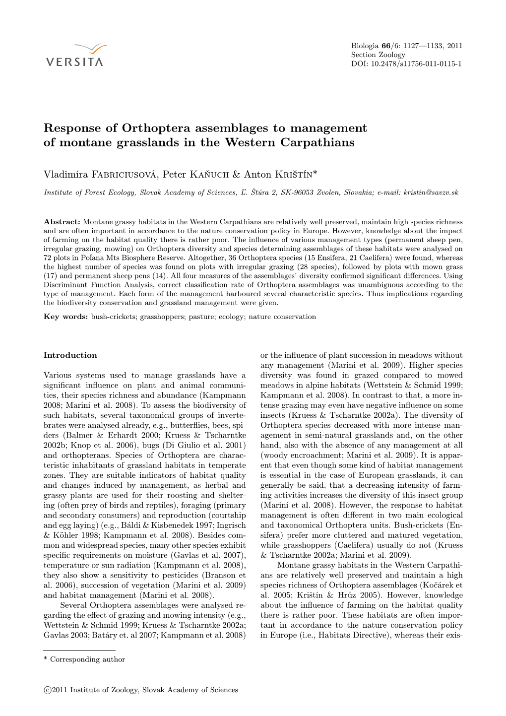 Response of Orthoptera Assemblages to Management of Montane Grasslands in the Western Carpathians