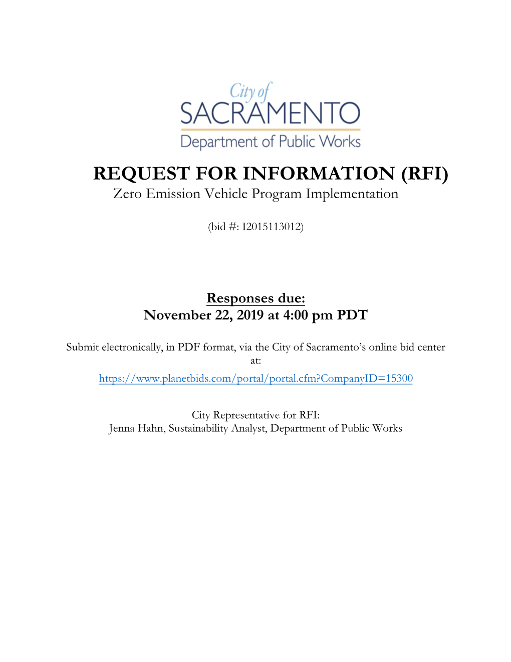 REQUEST for INFORMATION (RFI) Zero Emission Vehicle Program Implementation