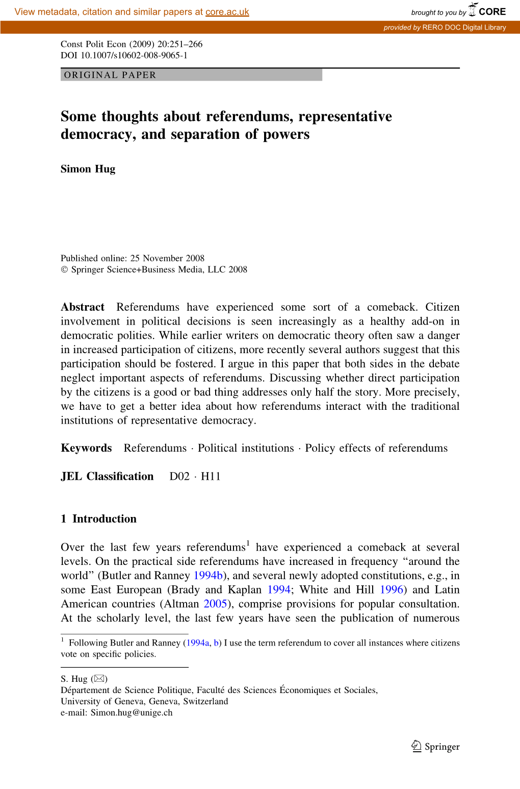 Some Thoughts About Referendums, Representative Democracy, and Separation of Powers