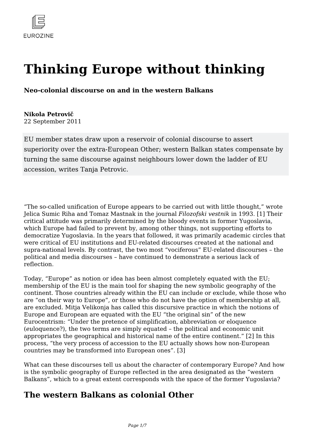 Thinking Europe Without Thinking