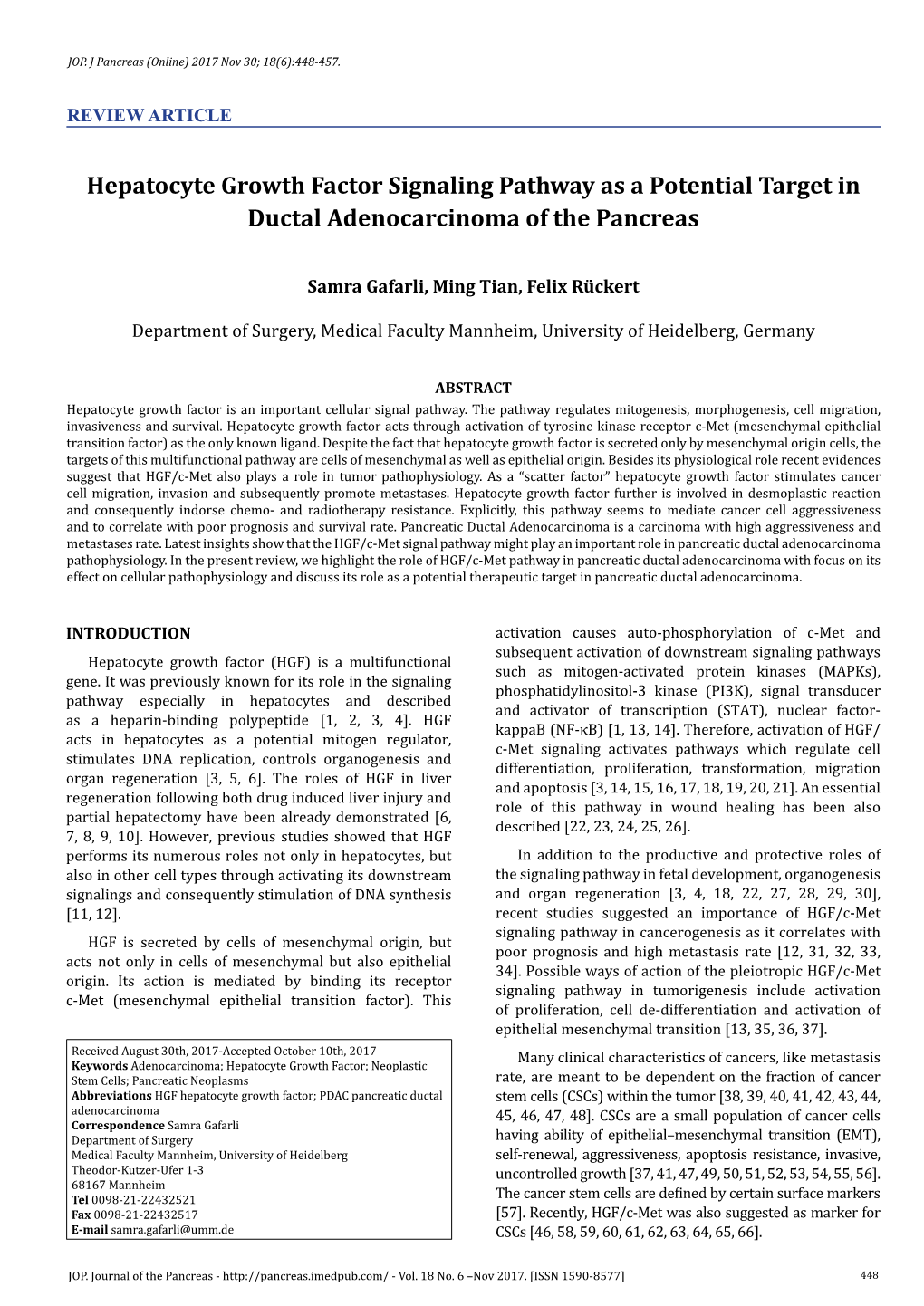 Hepatocyte Growth Factor Signaling Pathway As a Potential Target in Ductal Adenocarcinoma of the Pancreas