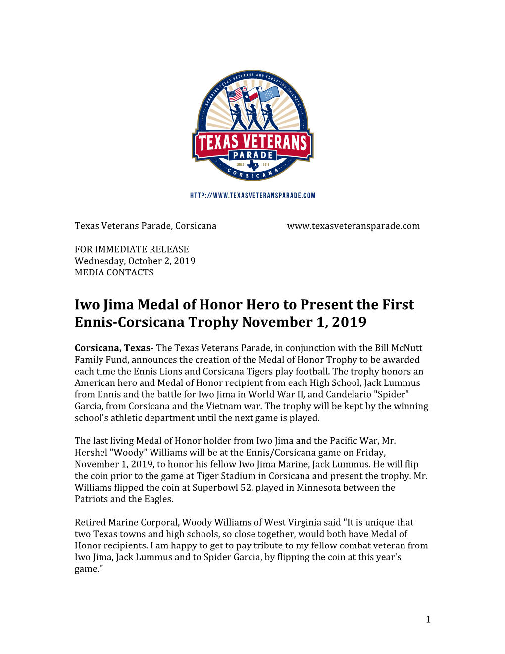 Iwo Jima Medal of Honor Hero to Present the First Ennis-Corsicana Trophy November 1, 2019