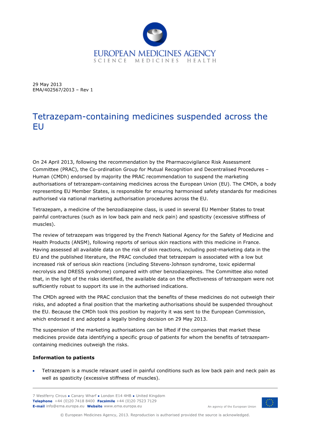 Tetrazepam-Containing Medicines Suspended Across the EU (PDF