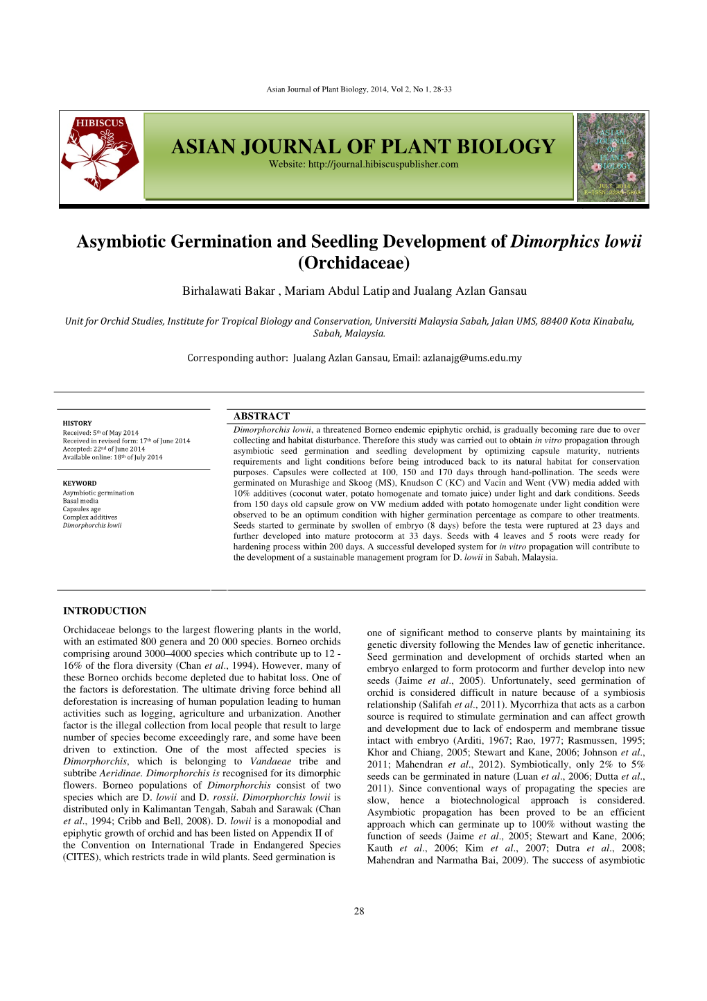 Asian Journal of Plant Biology, 2014, Vol 2, No 1, 28-33