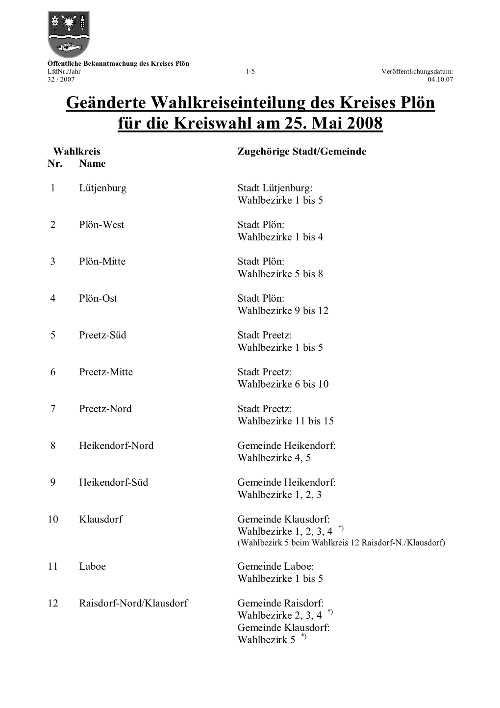 Geänderte Wahlkreiseinteilung Des Kreises Plön Für Die Kreiswahl Am 25