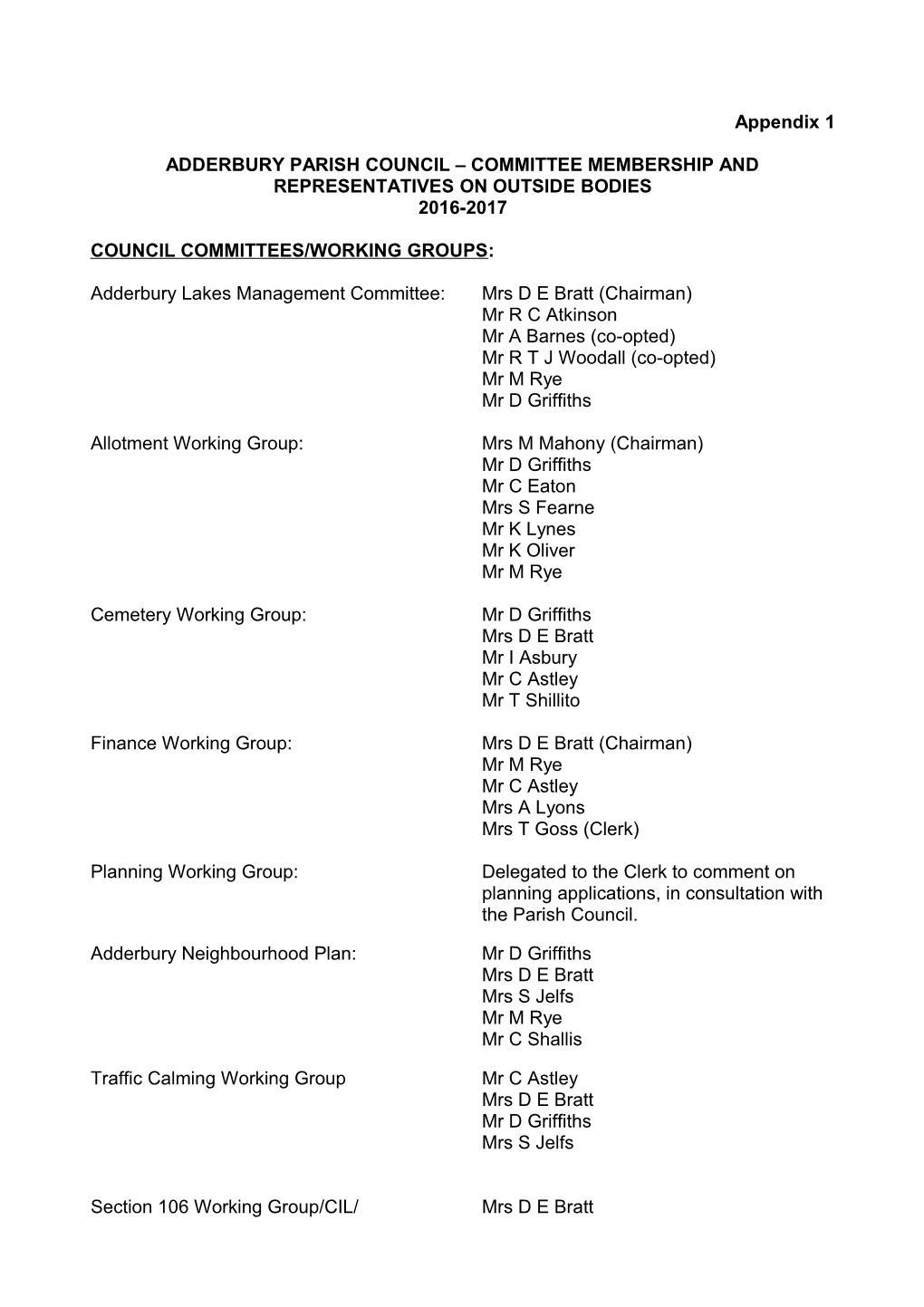 Adderbury Parish Council Committee Membership and Representatives on Outside Bodies