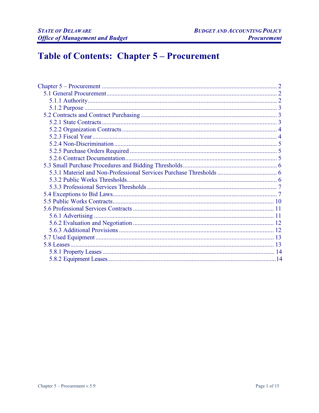 Table of Contents: Chapter 5 – Procurement