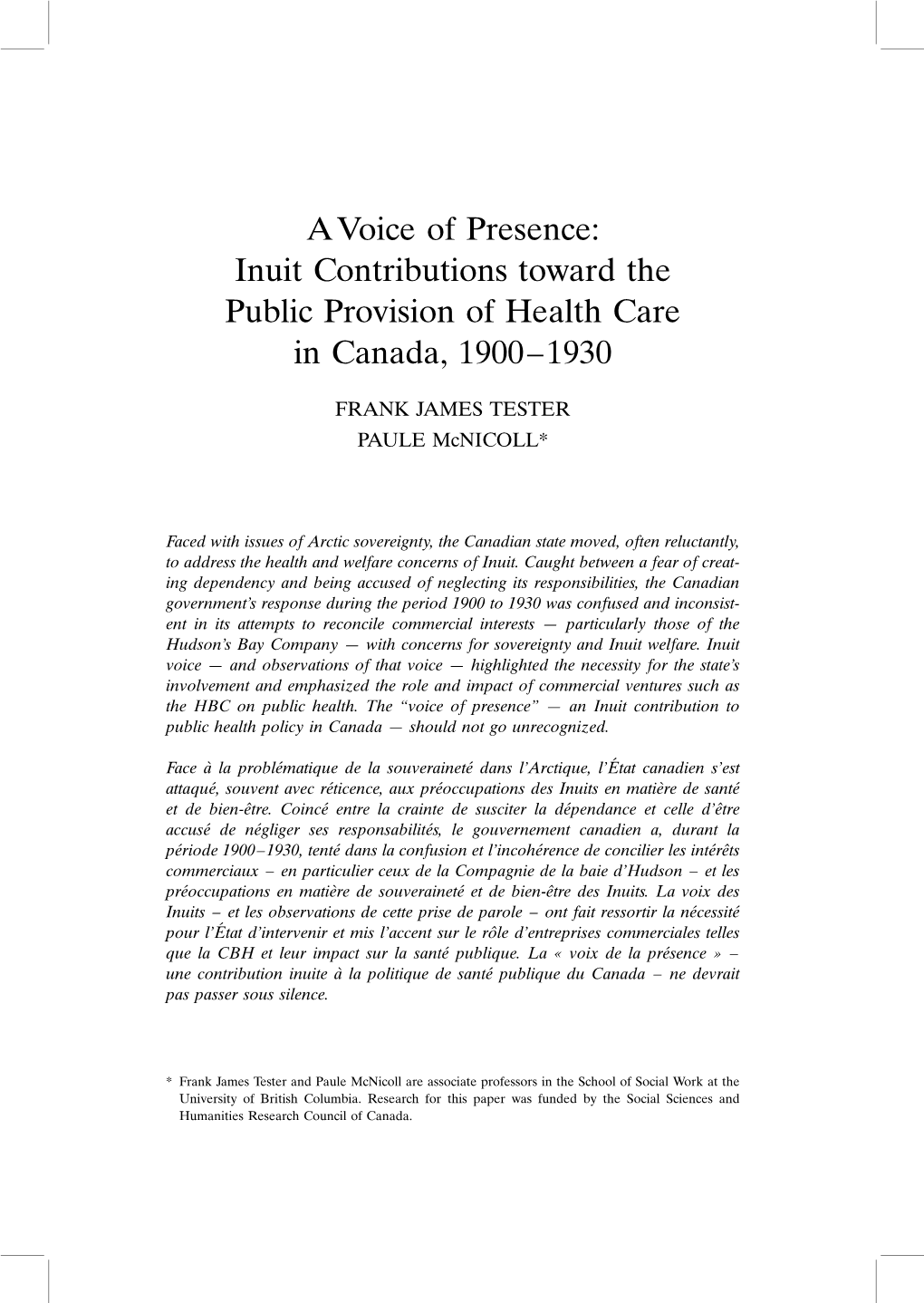 Inuit Contributions Toward the Public Provision of Health Care in Canada, 1900–1930