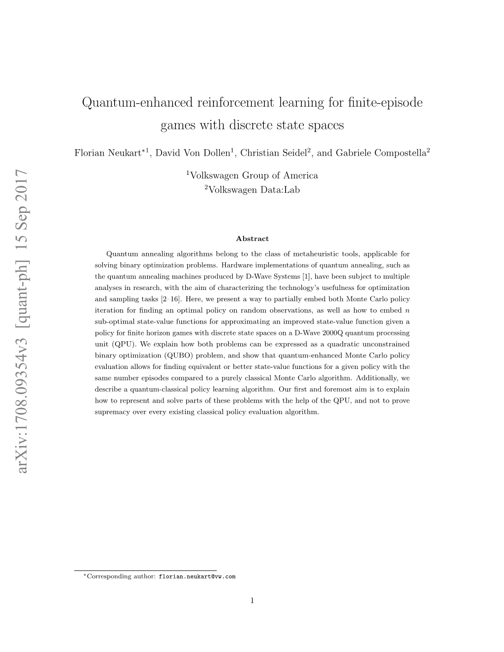 Quantum-Enhanced Reinforcement Learning for Finite-Episode Games