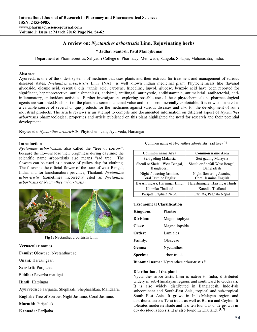 54 a Review On: Nyctanthes Arbortristis Linn. Rejuvinating Herbs