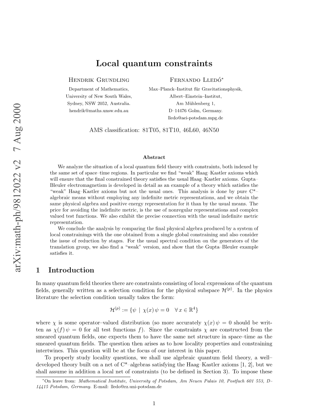 Arxiv:Math-Ph/9812022 V2 7 Aug 2000