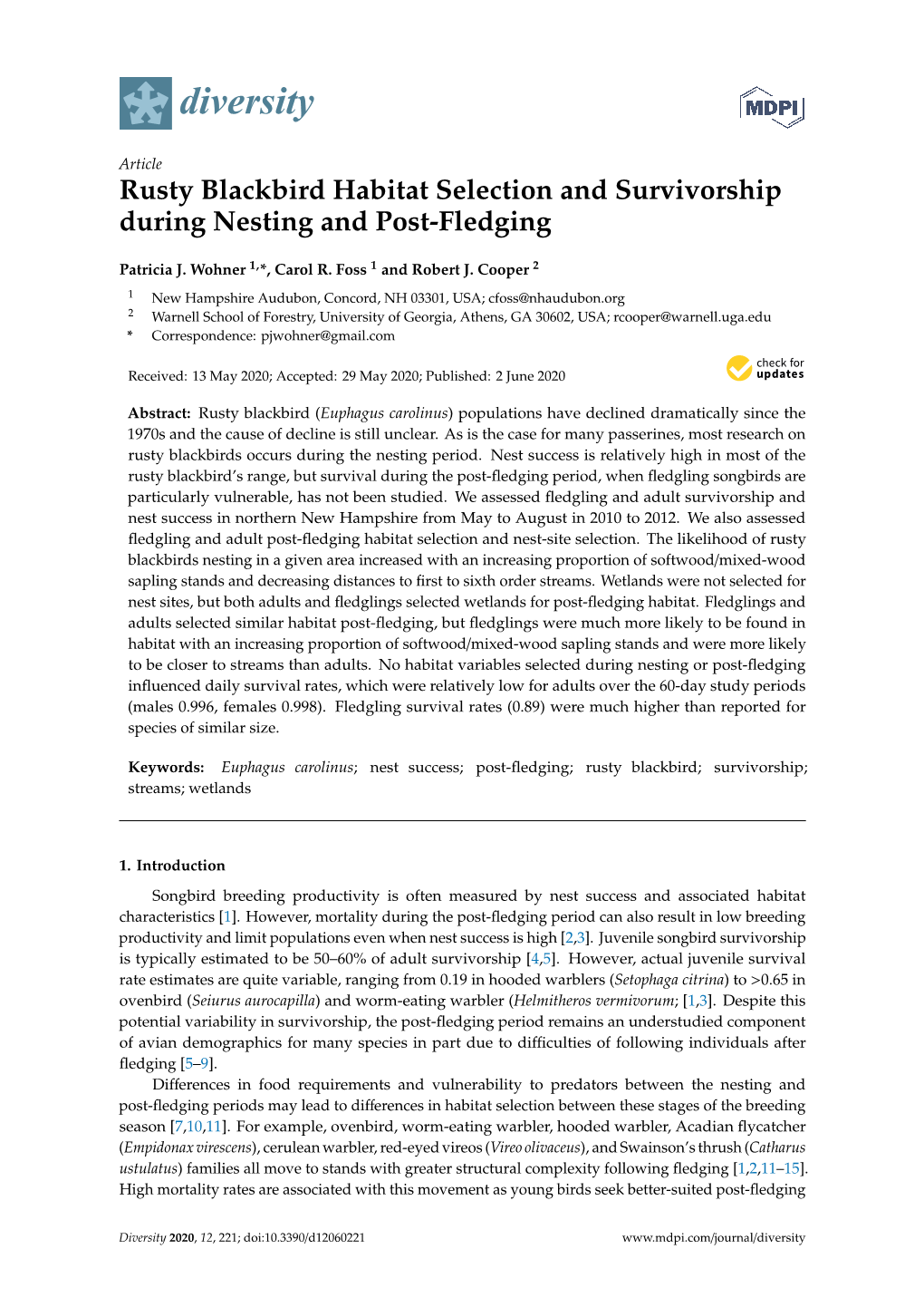 Rusty Blackbird Habitat Selection and Survivorship During Nesting and Post-Fledging