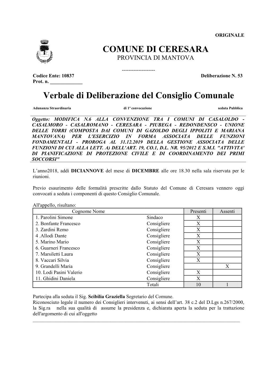 COMUNE DI CERESARA Verbale Di Deliberazione Del Consiglio