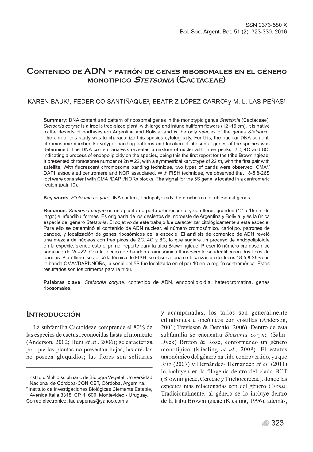 ADN Y Patrón De Genes Ribosomales En El Género Monotípico Stetsonia (Cactaceae)