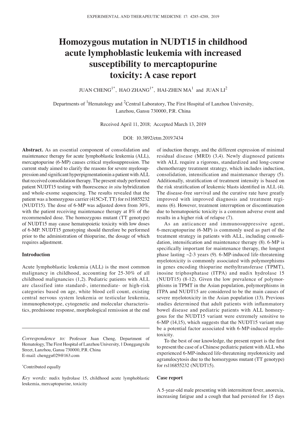 Homozygous Mutation in NUDT15 in Childhood Acute Lymphoblastic Leukemia with Increased Susceptibility to Mercaptopurine Toxicity: a Case Report