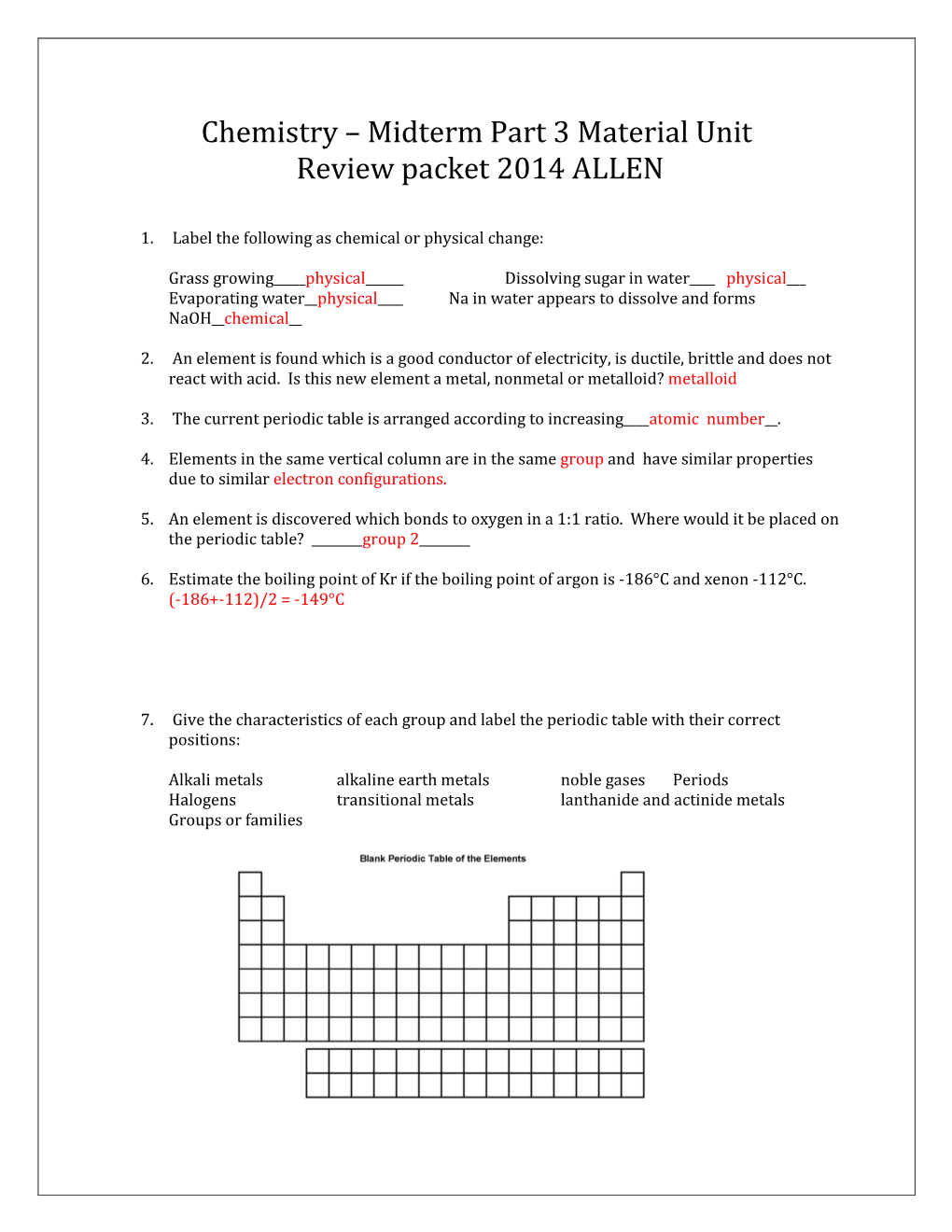 Chemistry – Midterm Part 3 Material Unit Review Packet 2014 ALLEN