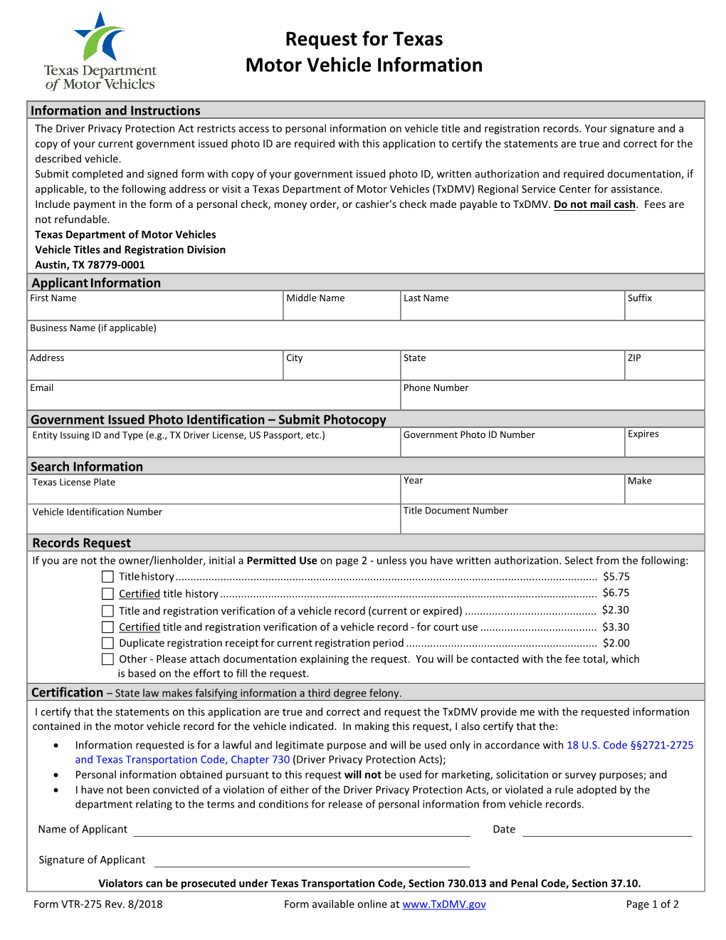 Request for Texas Motor Vehicle Information (Form VTR-275)