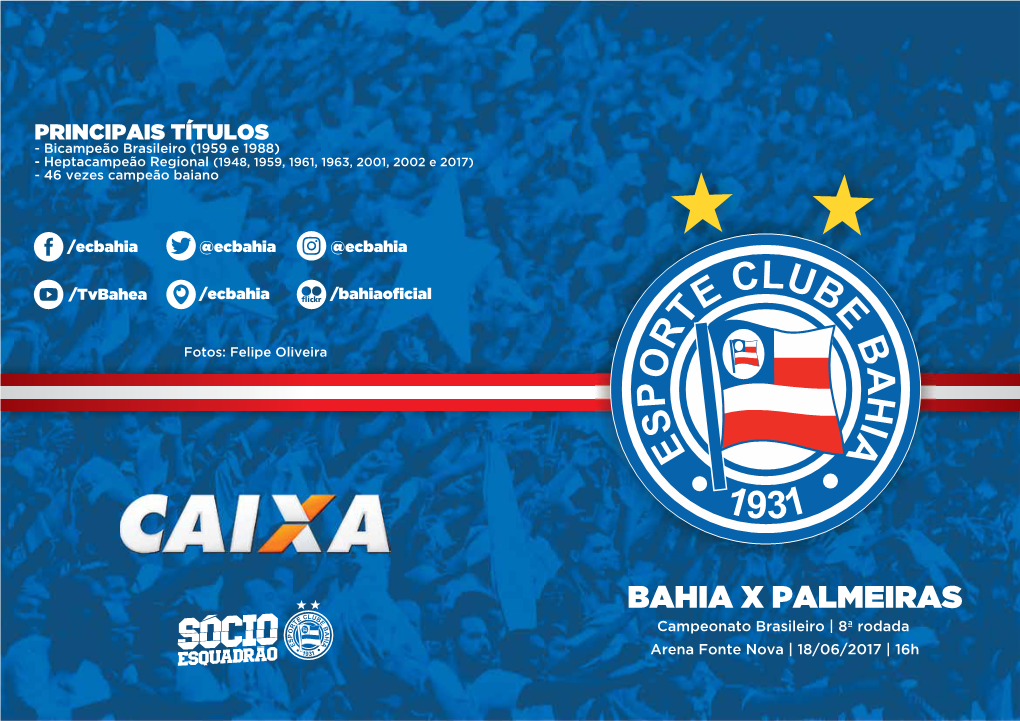 BAHIA X PALMEIRAS Campeonato Brasileiro | 8ª Rodada Arena Fonte Nova | 18/06/2017 | 16H ESPORTE CLUBE BAHIA SÓCIO ESQUADRÃO