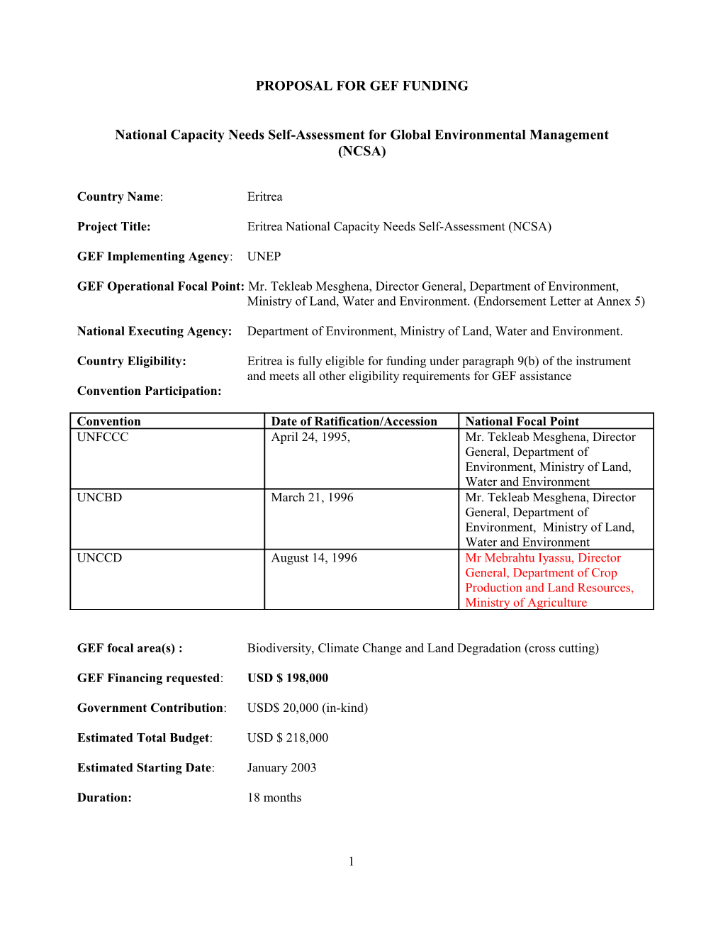 Proposal for Gef Funding