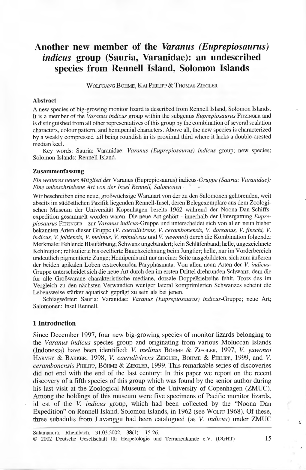 Another New Member of the Varanus (Euprepiosaurus) Indicus Group (Sauria, Varanidae): an Undescribed Species from Rennen Island, Solomon Islands