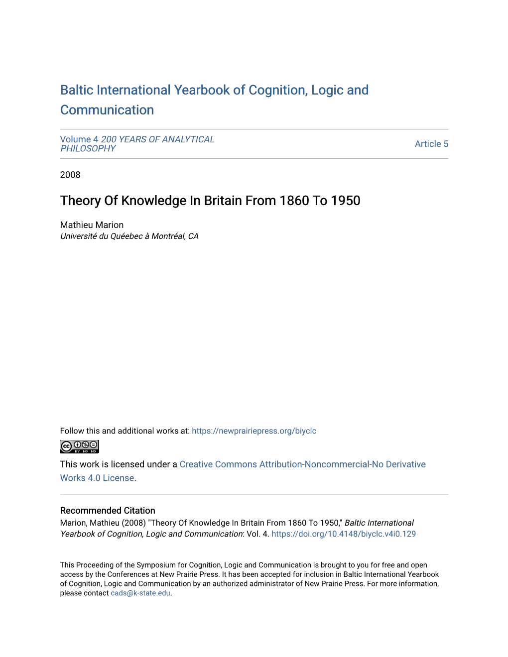 Theory of Knowledge in Britain from 1860 to 1950