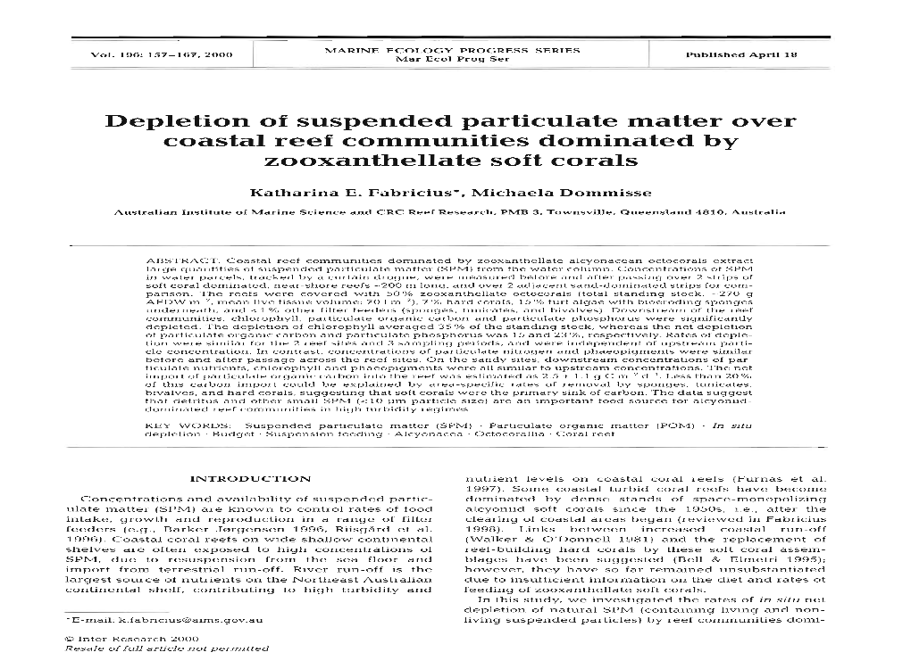 Depletion of Suspended Particulate Matter Over Coastal Reef Communities Dominated by Zooxanthellate Soft Corals