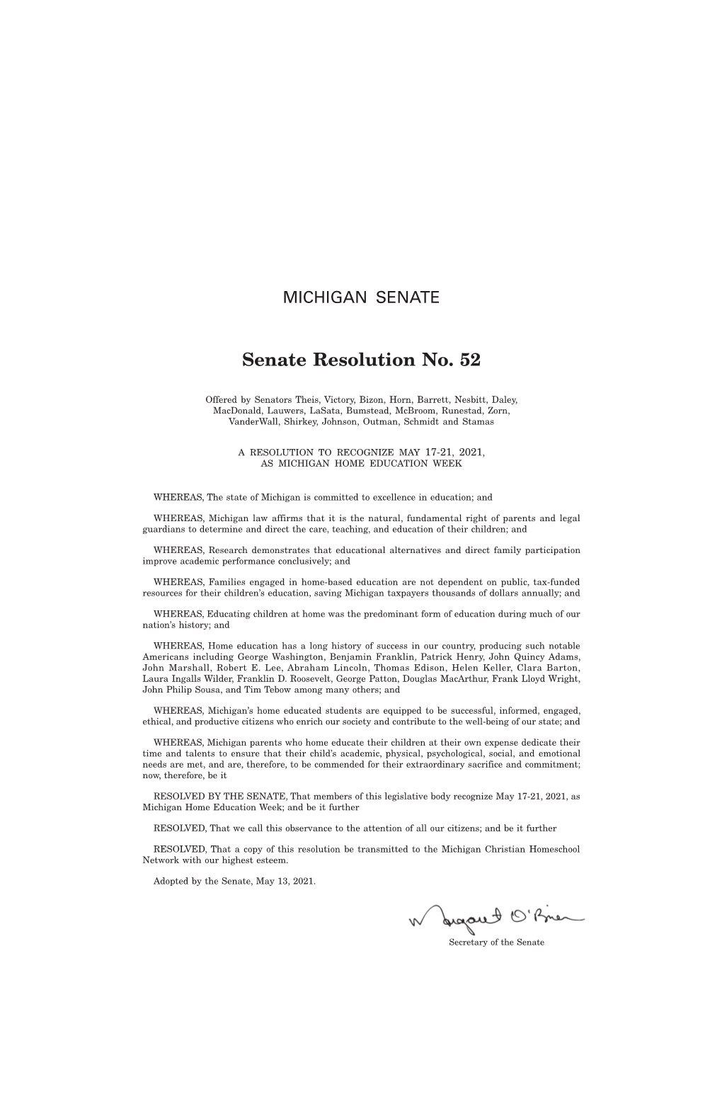 Senate Resolution No. 52