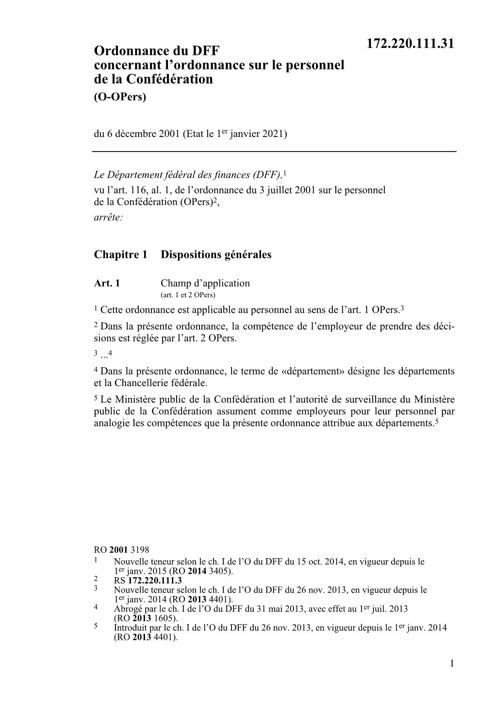 Ordonnance Du DFF Concernant L'ordonnance Sur Le Personnel De La Confédération 172.220.111.31
