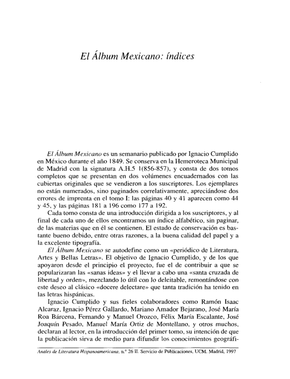 El Álbum Mexicano: Índices