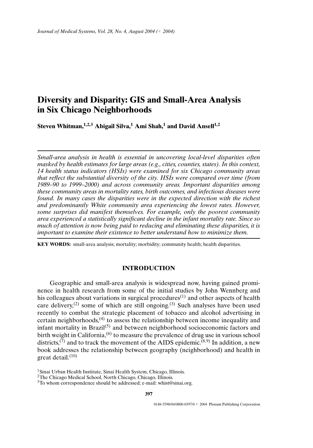 Diversity and Disparity: GIS and Small-Area Analysis in Six Chicago Neighborhoods