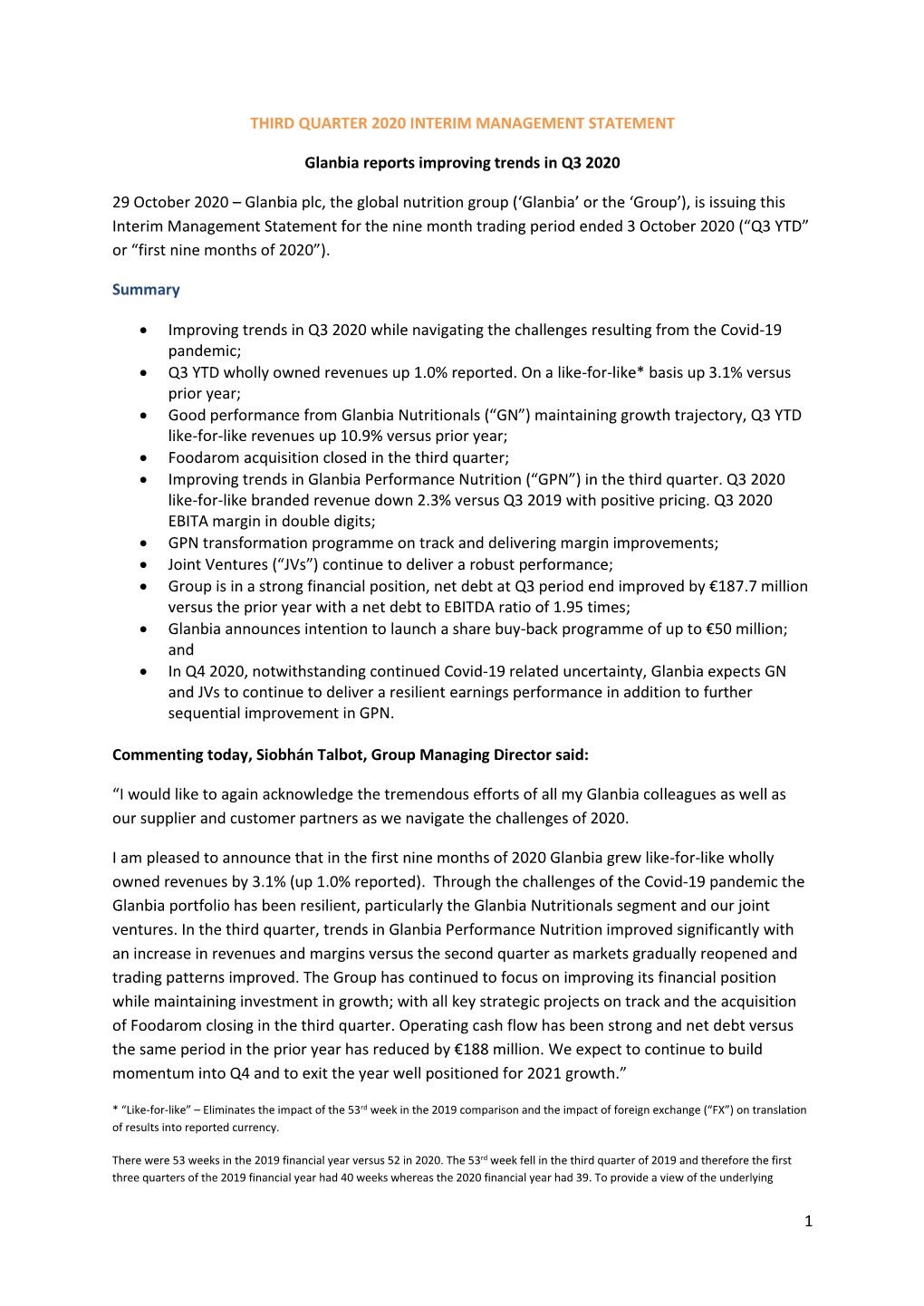 Glanbia Reports Improving Trends in Q3 2020