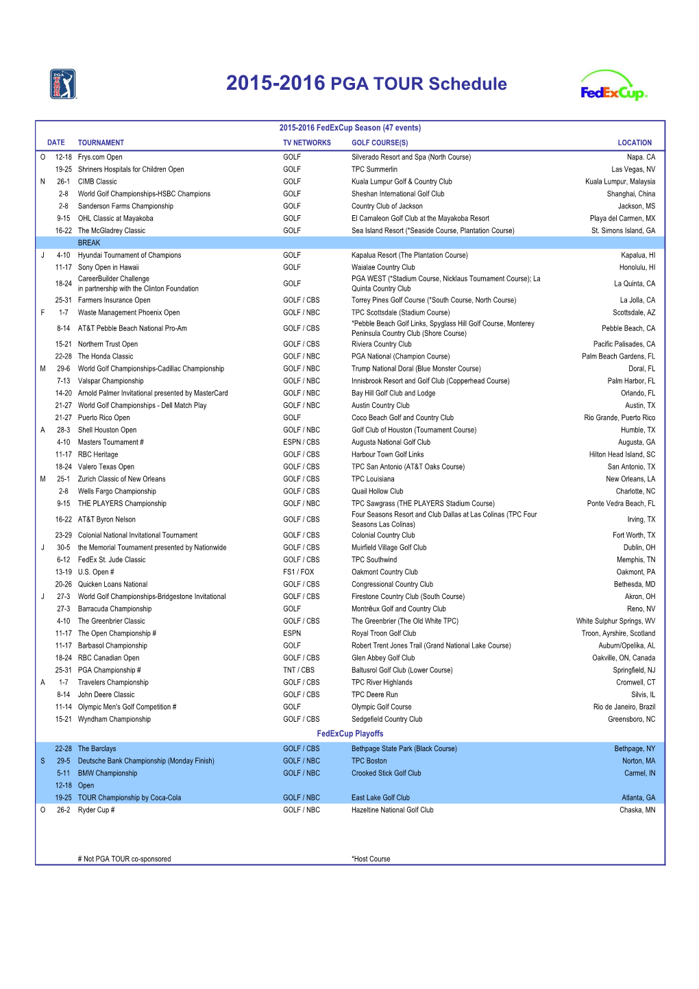 2015-16 PGA TOUR Schedule for RELEASE