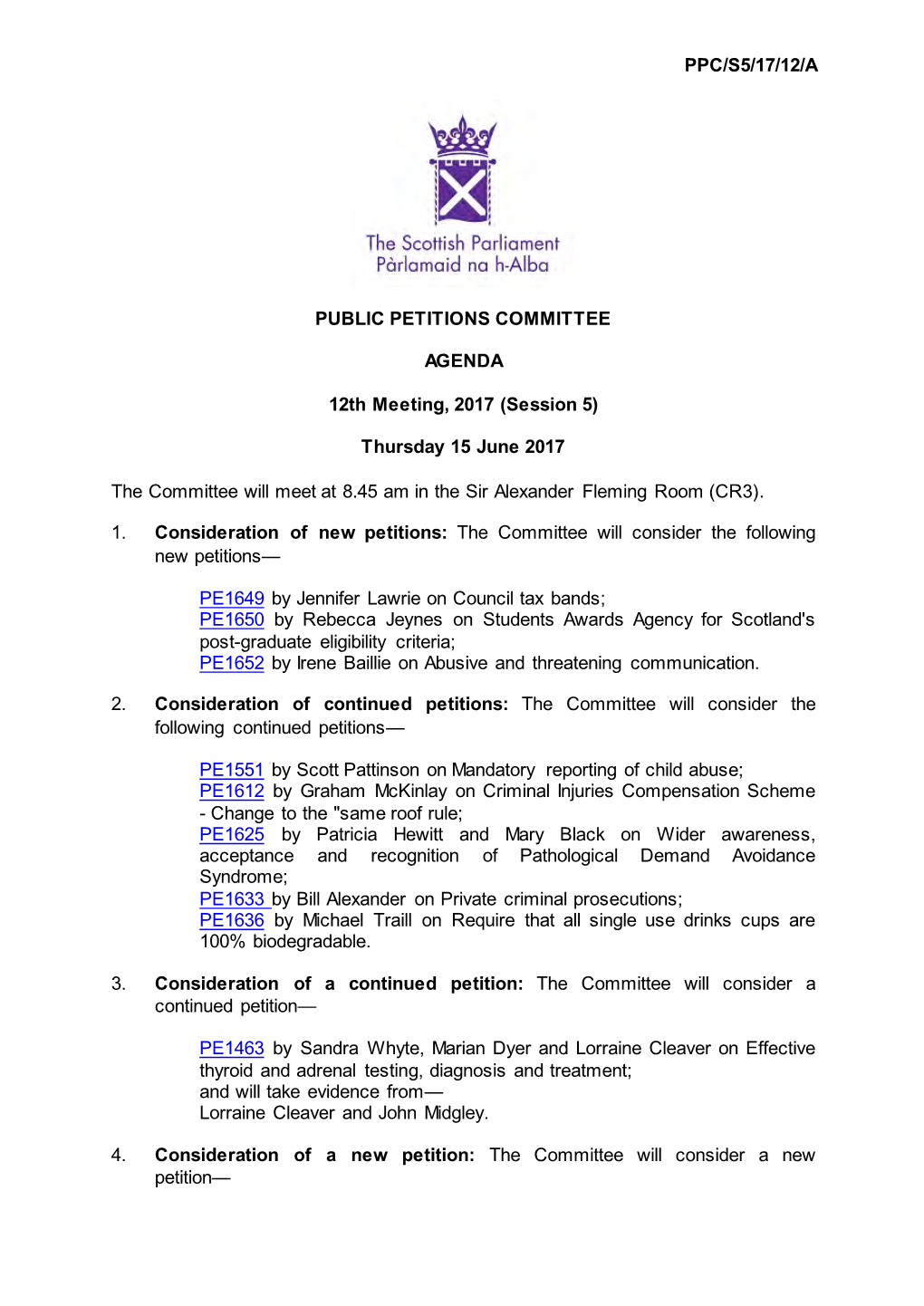 PPC/S5/17/12/A PUBLIC PETITIONS COMMITTEE AGENDA 12Th