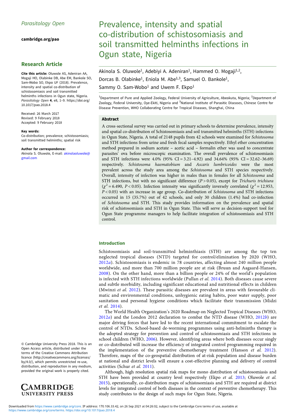 Prevalence, Intensity and Spatial Co-Distribution of Schistosomiasis