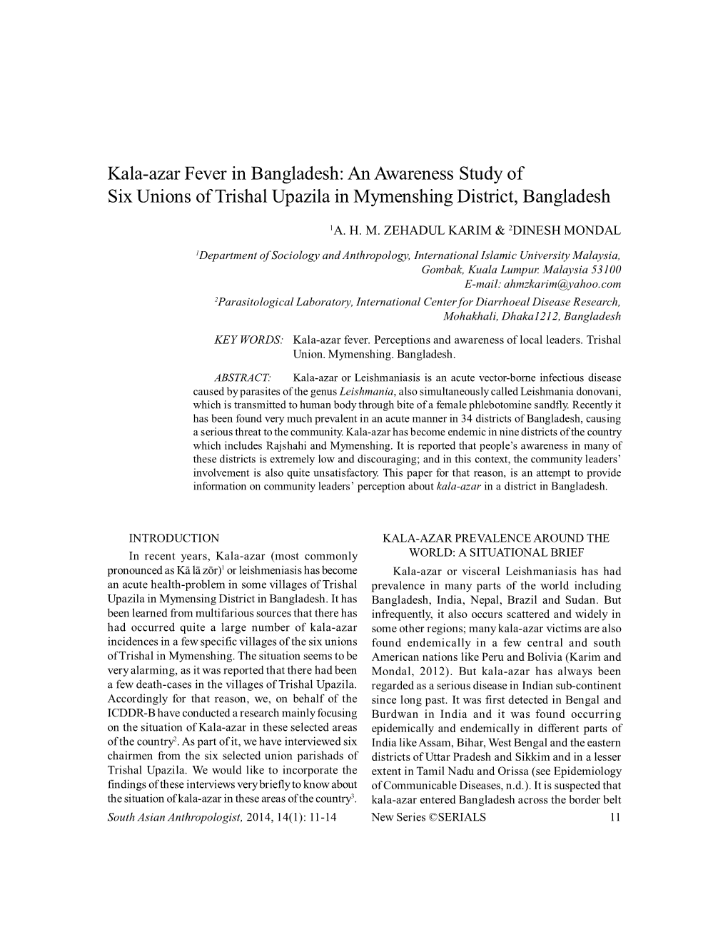 Kala-Azar Fever in Bangladesh: an Awareness Study of Six Unions of Trishal Upazila in Mymenshing District, Bangladesh