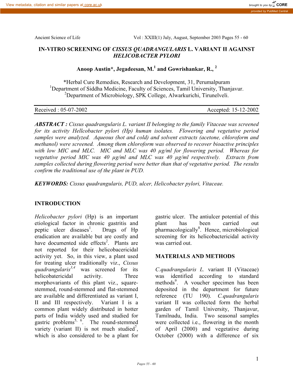 1 In-Vitro Screening of Cissus Quadrangularis L. Variant Ii