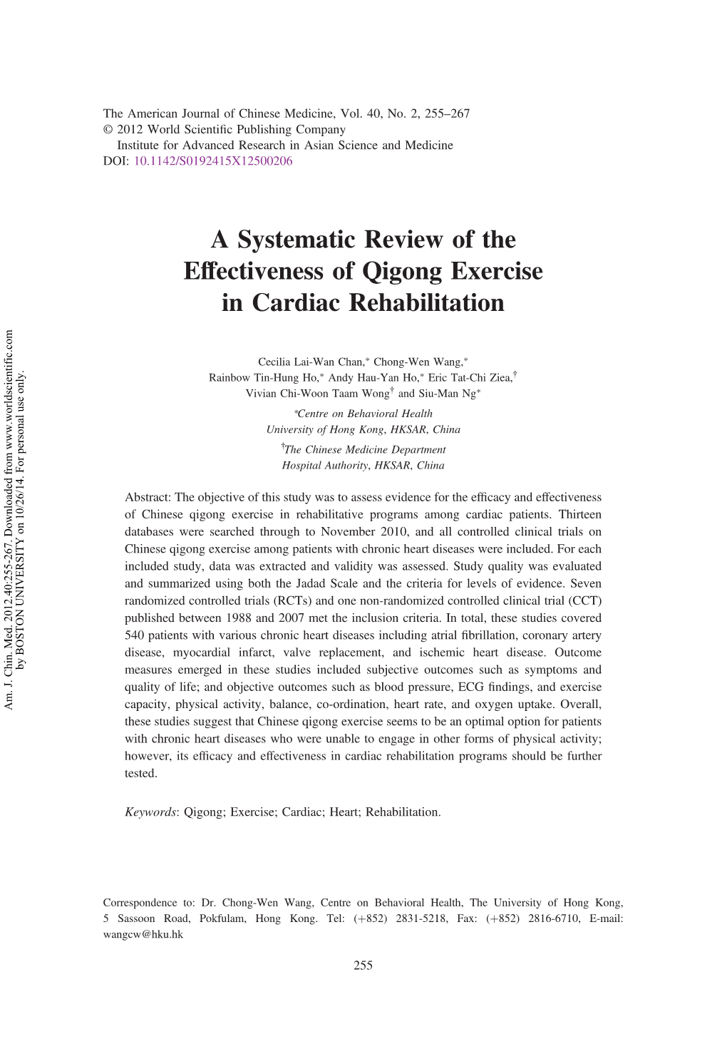 A Systematic Review of the Effectiveness of Qigong Exercise in Cardiac Rehabilitation