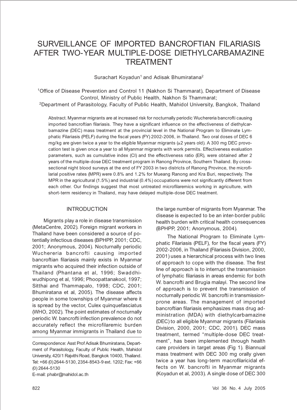 Surveillance of Imported Bancroftian Filariasis After Two-Year Multiple-Dose Diethylcarbamazine Treatment