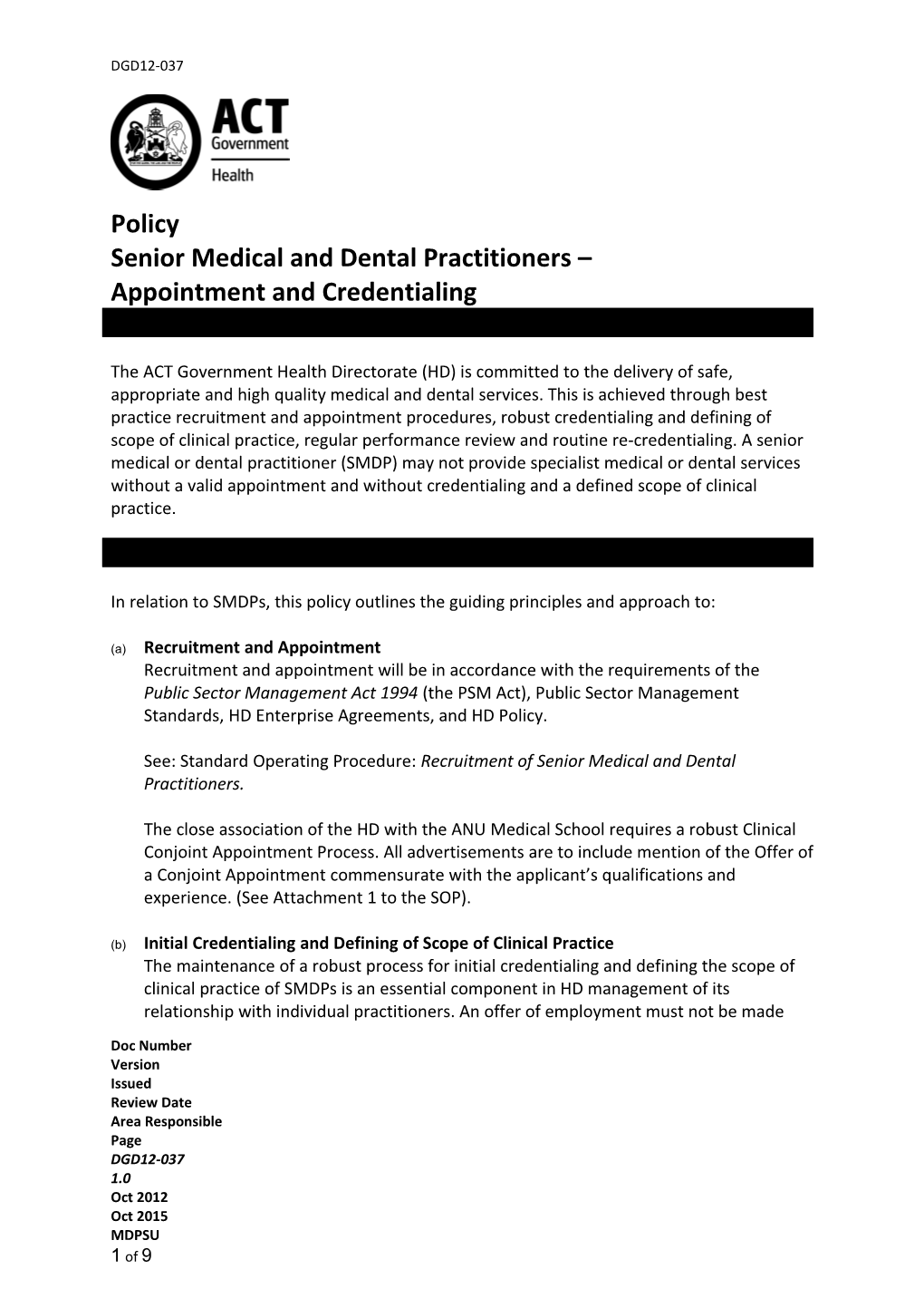 Senior Medical and Dental Practitioners - Appointment and Credentialing Policy