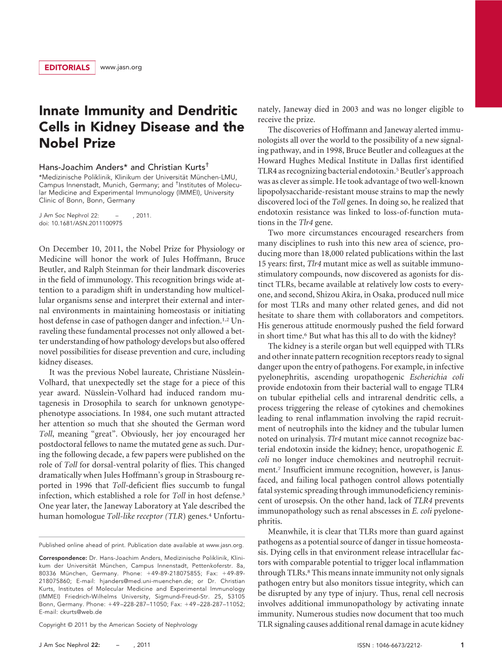 Innate Immunity and Dendritic Cells in Kidney Disease and the Nobel Prize