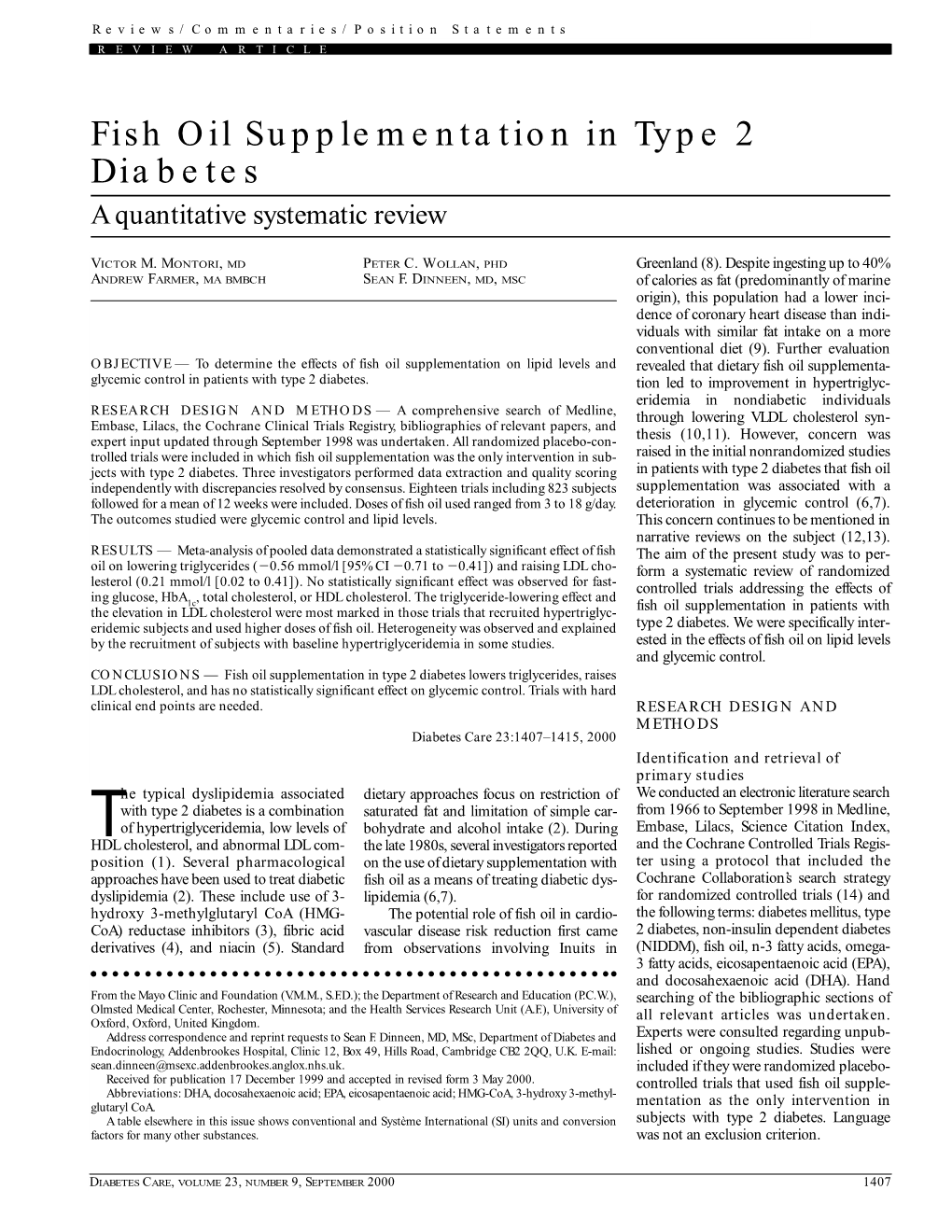 Fish Oil Supplementation in Type 2 Diabetes a Quantitative Systematic Review