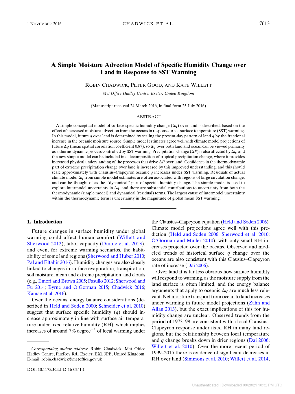 A Simple Moisture Advection Model of Specific Humidity